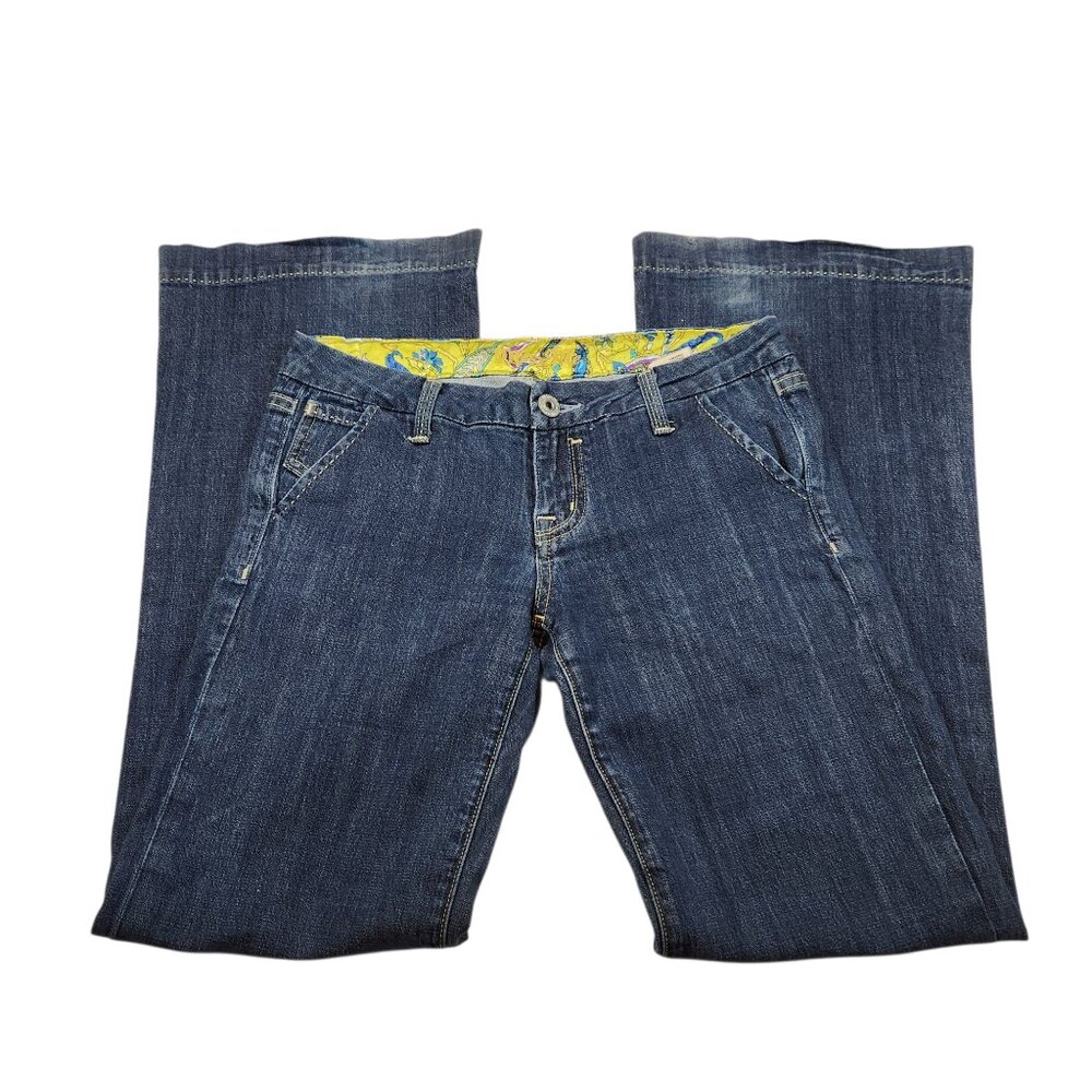 Women's Miss Me Blue Jeans Size 28 Wide Leg with Stitching 32" Inseam 8" Rise